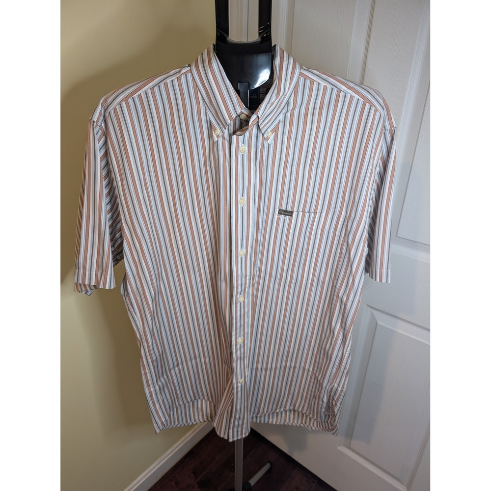 Faconnable Button Down Shirt Mens Large Orange Blue White Striped Short Sleeve